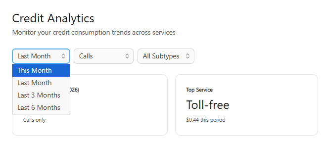Credit analytics dashboard showing call consumption for this month and top service details.