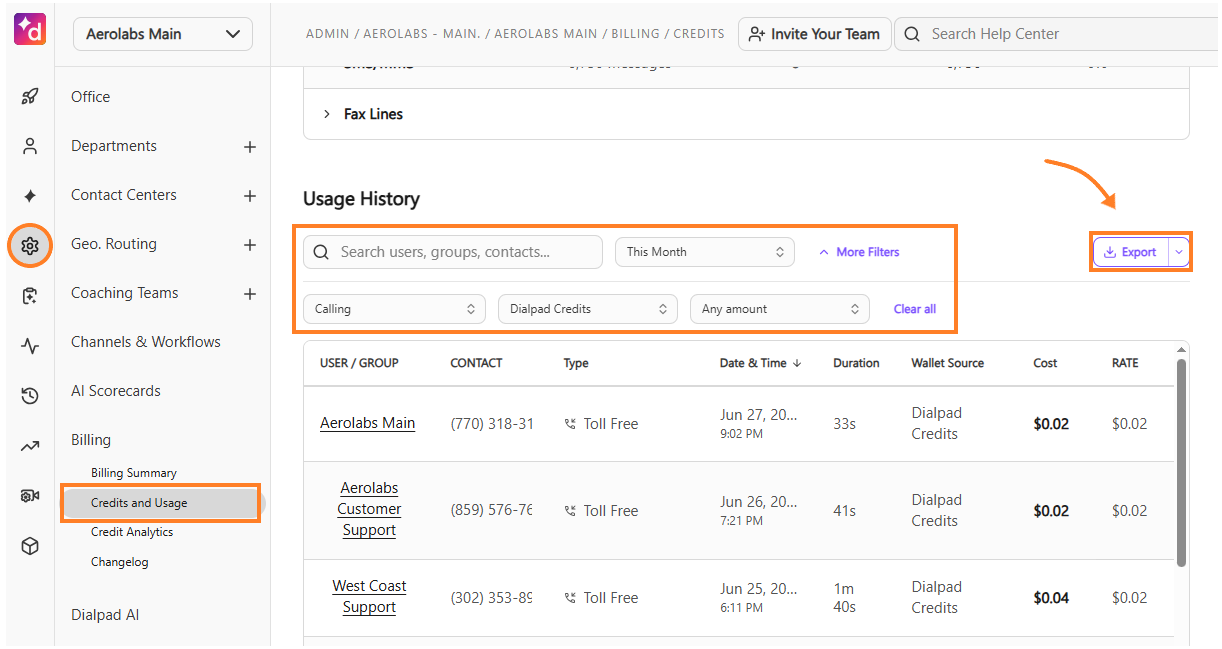 Option to export data for credit analytics