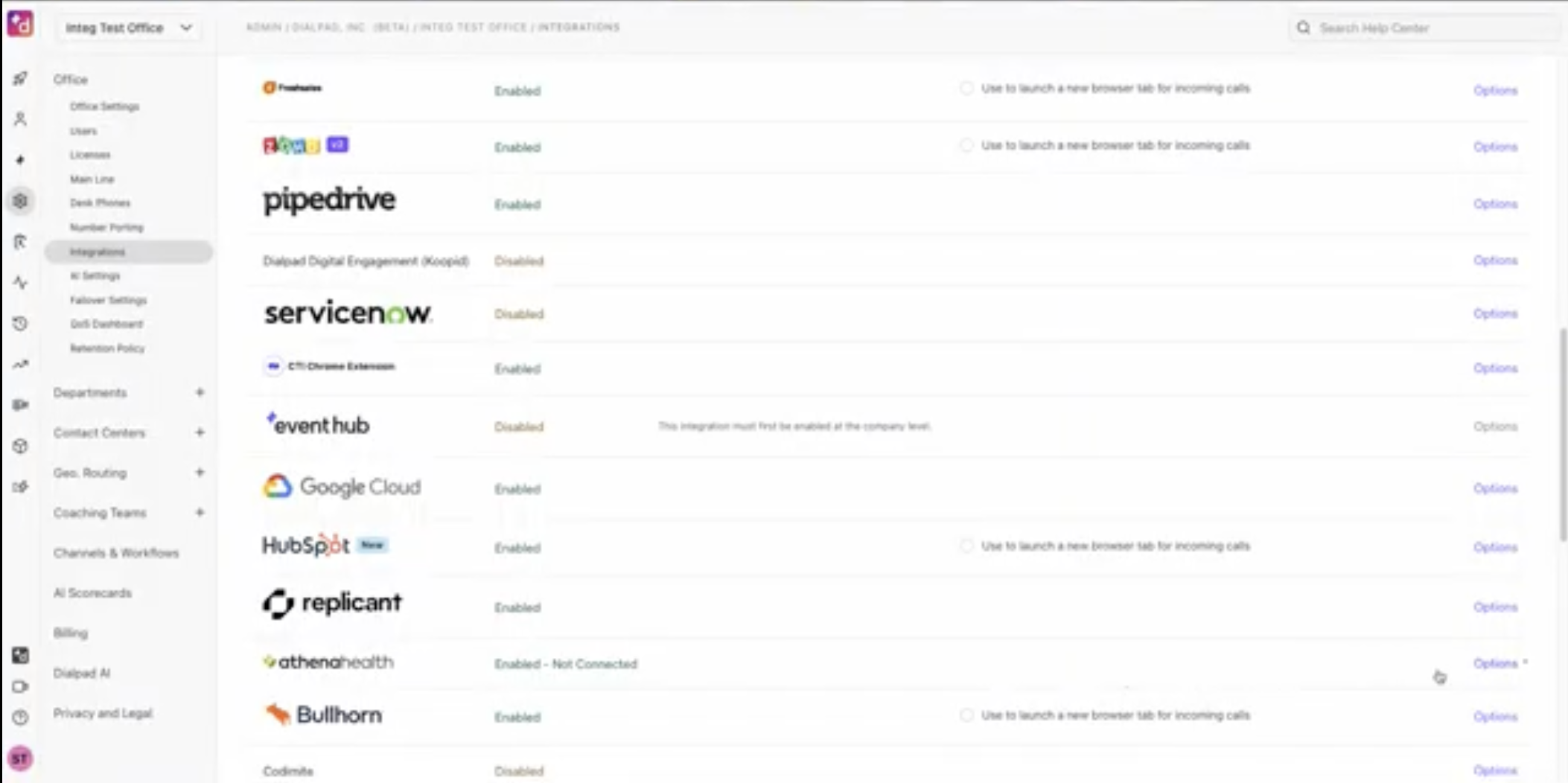 Integration settings for various applications, showing enabled and disabled statuses.