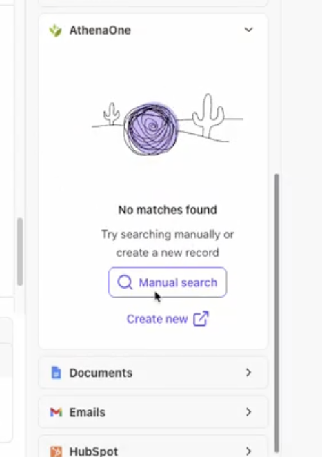 AthenaOne interface showing no matches found with options to search manually or create a record.