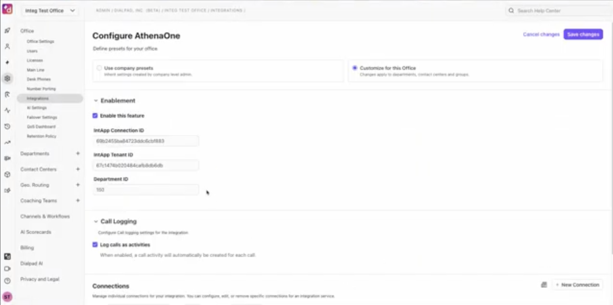 Configuration settings for AthenaOne integration, including connection IDs and call logging options.
