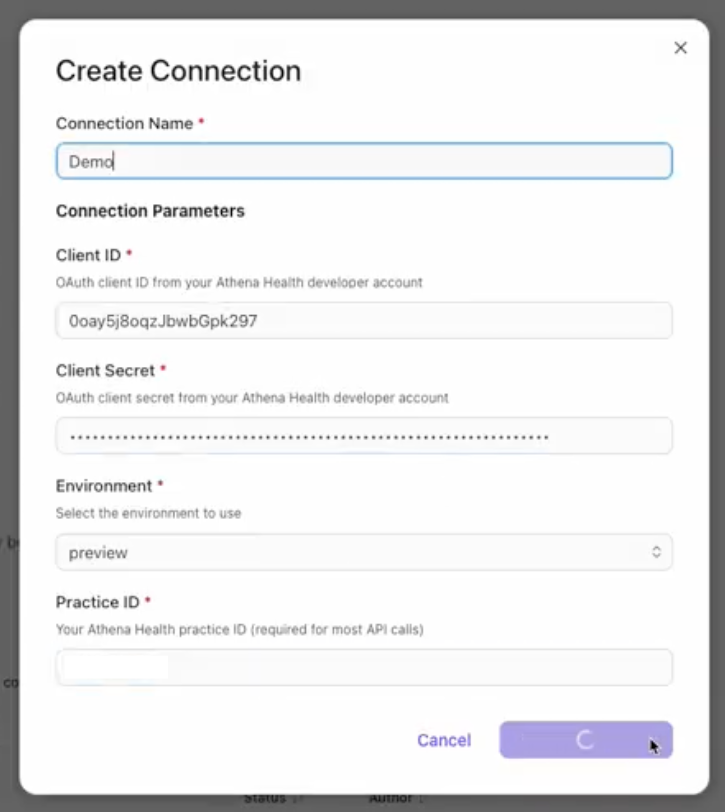 Form to create a connection with fields for client ID, secret, and practice ID.
