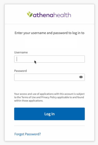 Login screen for athenahealth, requiring username and password for access.