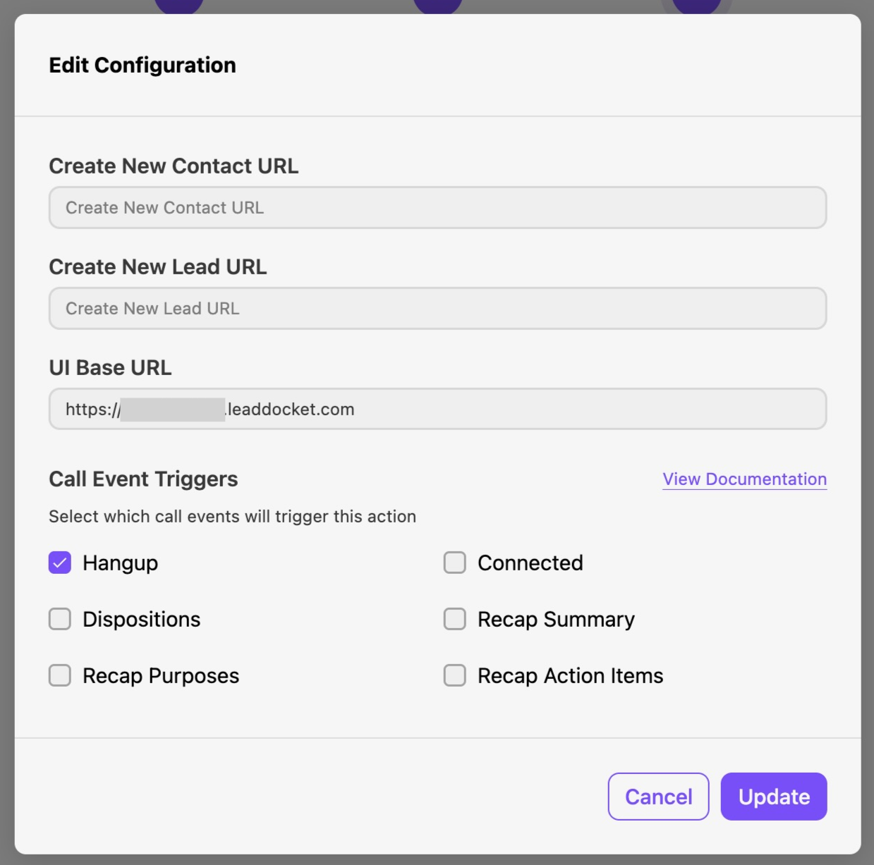 Configuration settings for creating new contacts and leads with event triggers.