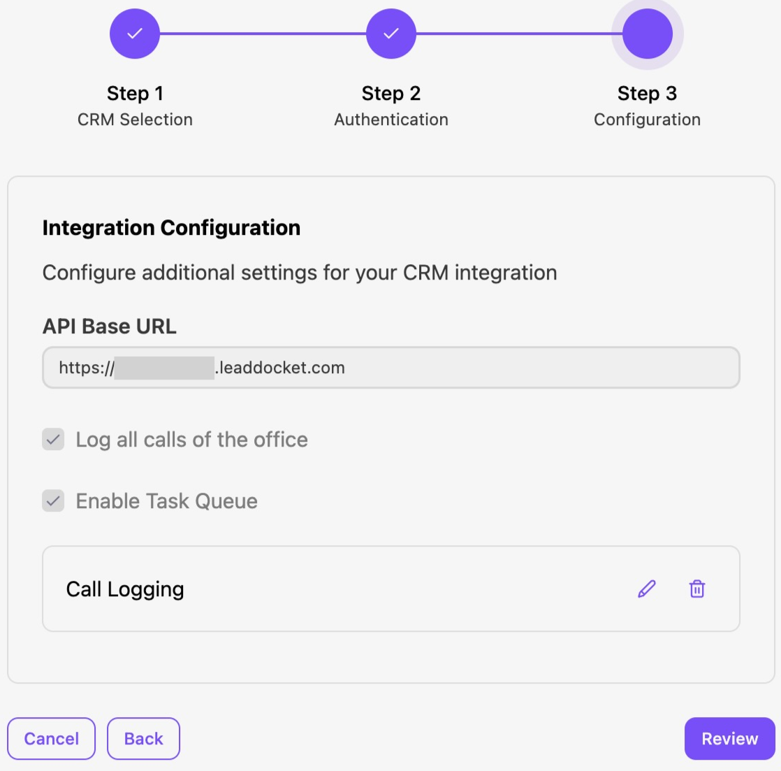 Integration configuration settings for CRM with API URL and logging options displayed.