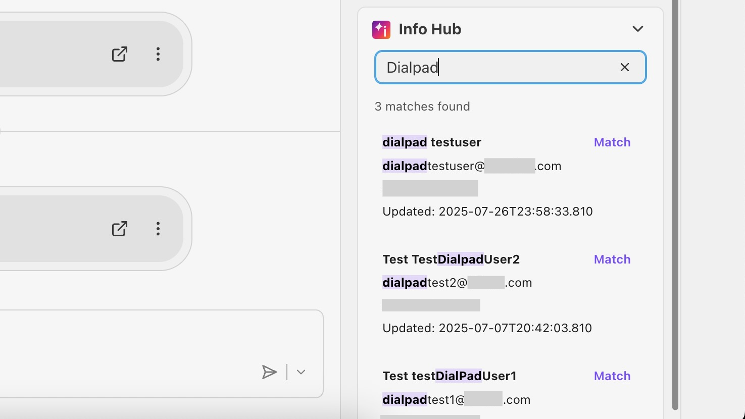 Search results showing multiple matches for 'Dialpad' with user details listed.