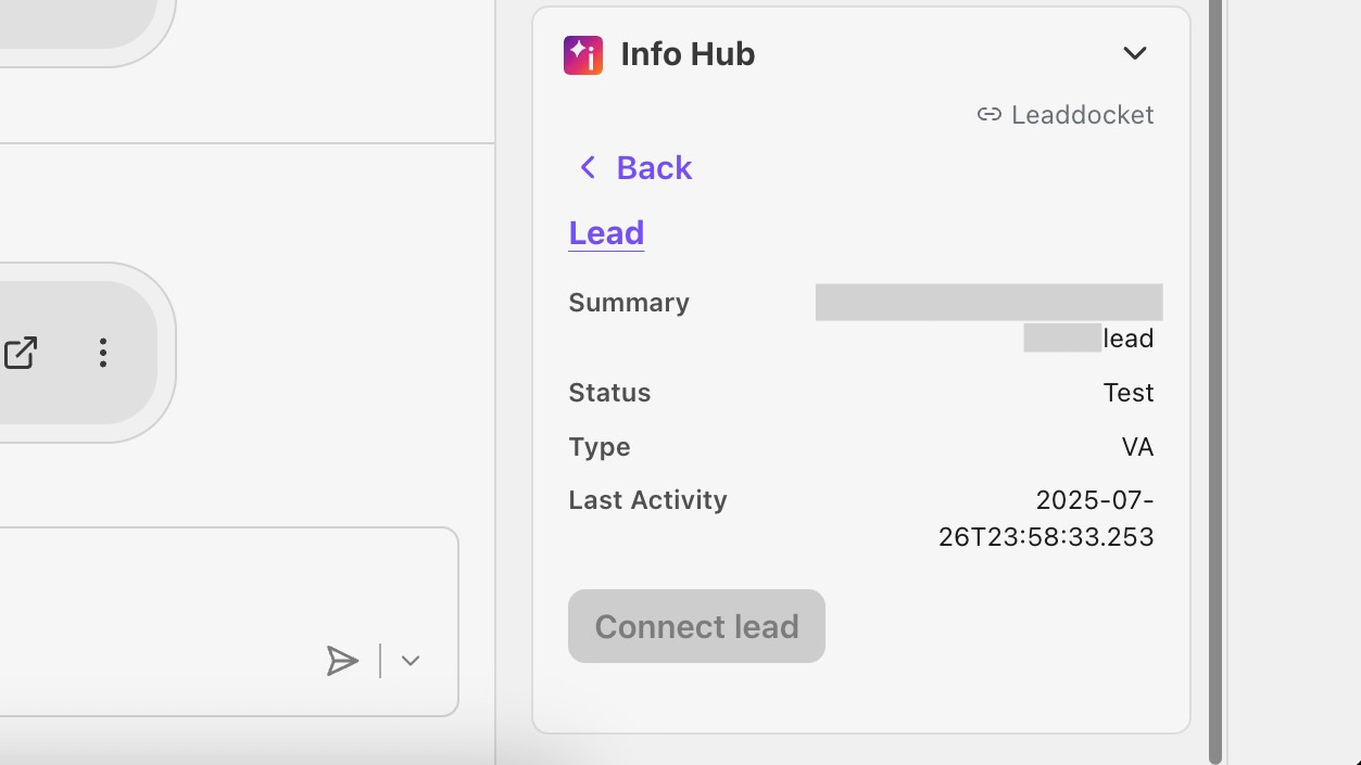 Info Hub displaying lead details, including summary, status, and last activity date.