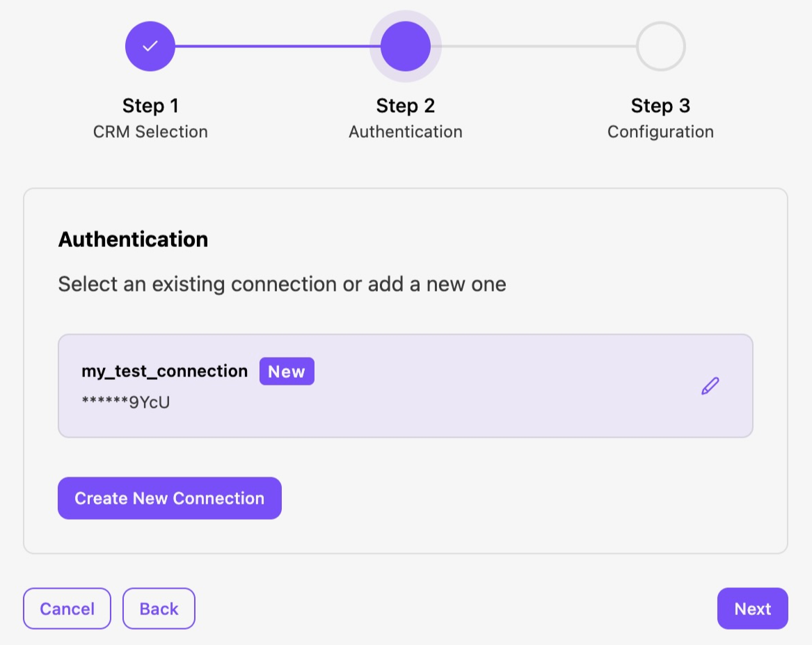 Authentication step for CRM connection with options to create or select connections.