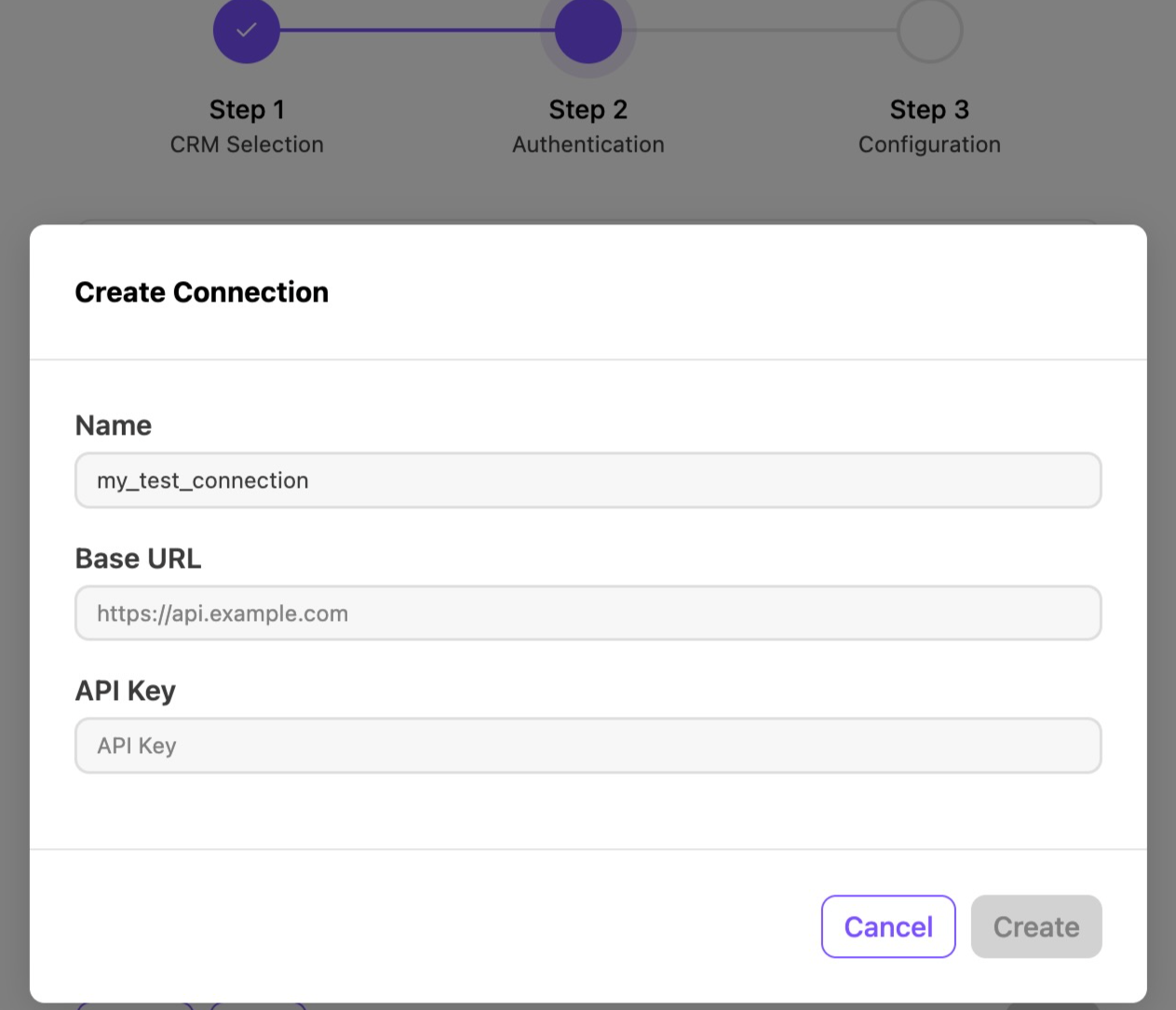 Form for creating a connection with fields for name, URL, and API key.