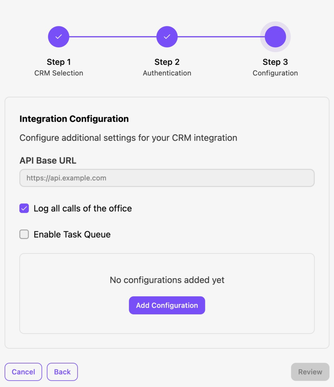 Configuration settings for CRM integration, including API URL and logging options.