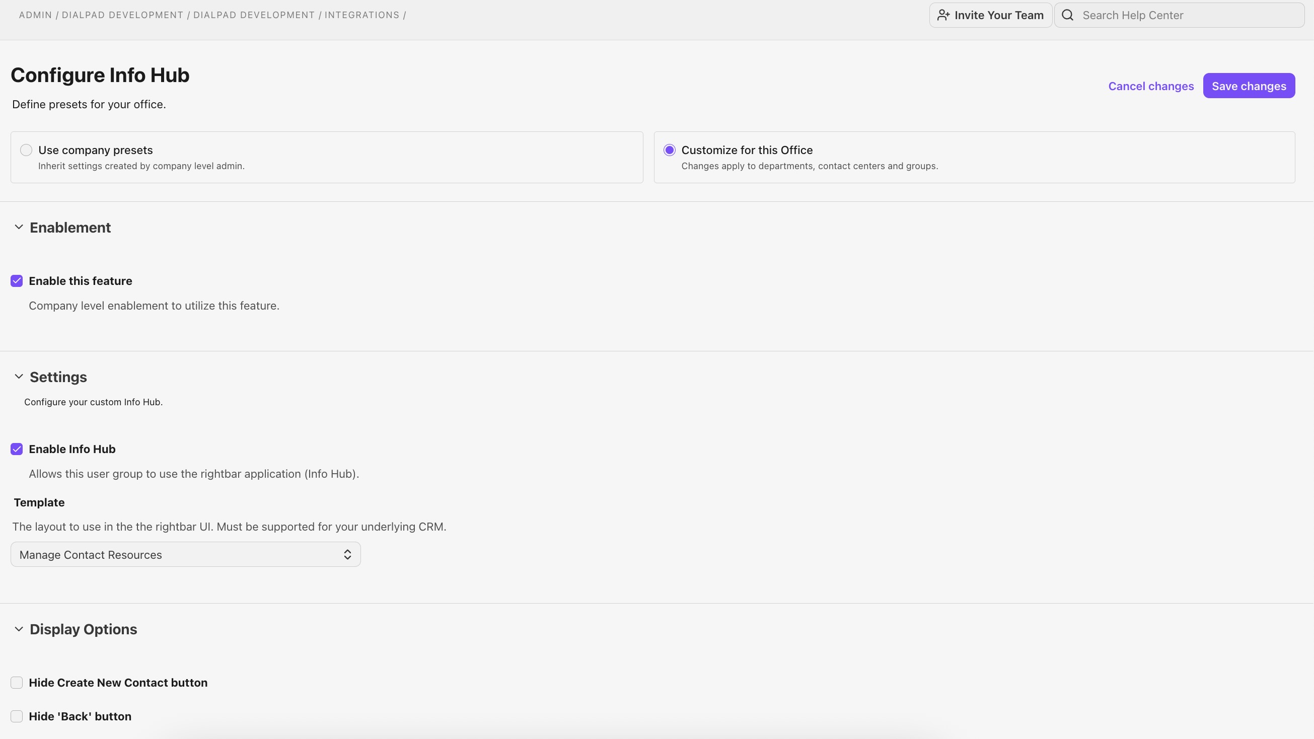 Settings page for configuring Info Hub with enablement options and display settings.