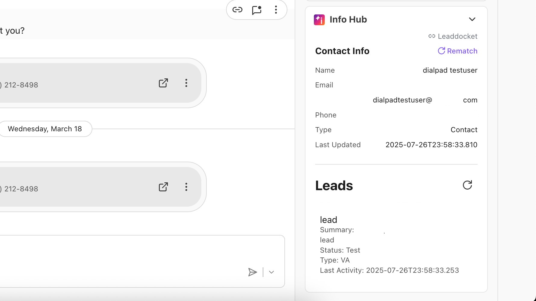 Contact information and lead details displayed in an application interface.