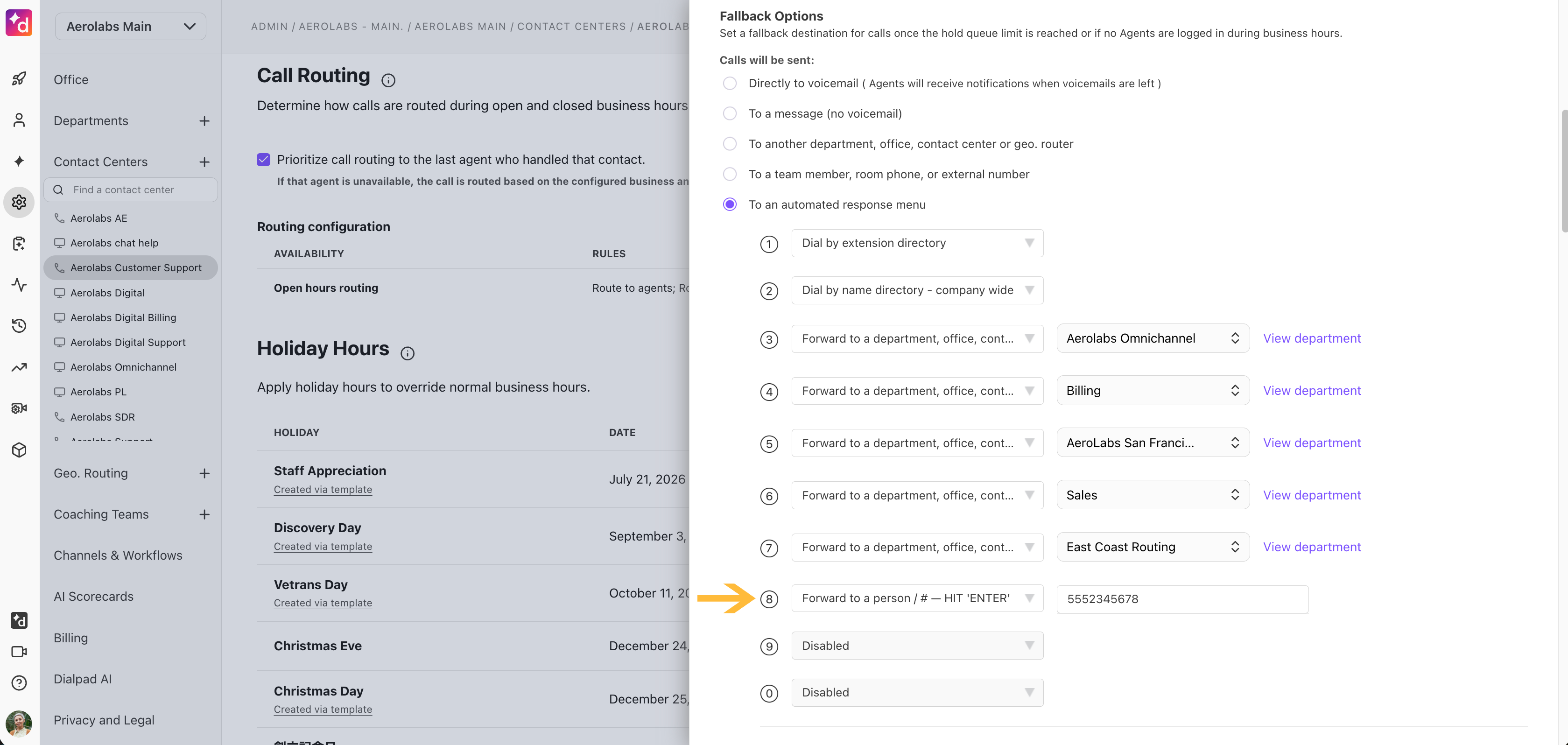 Call routing options and holiday hours settings for Aerolabs customer support system.