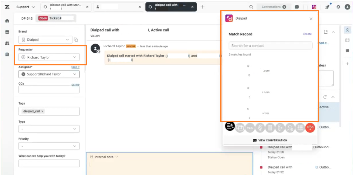 Dialpad interface showing call details and matched contacts.