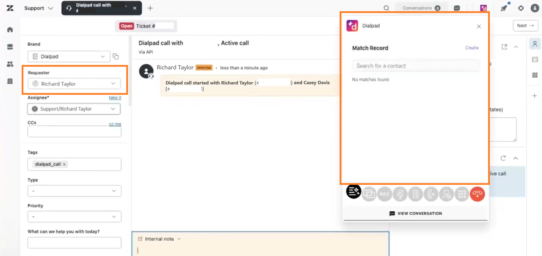 Dialpad interface showing active call details with requester and assignee information.