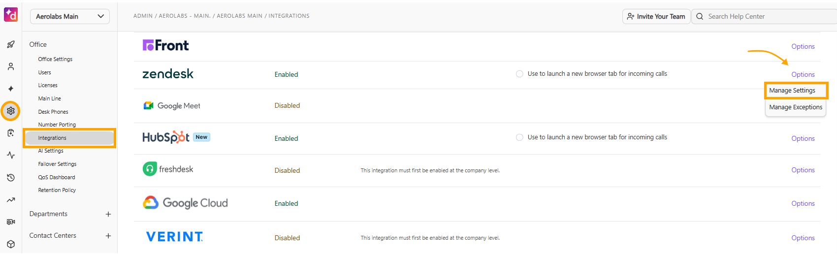 Settings menu showing various integrations with options to manage settings and exceptions.