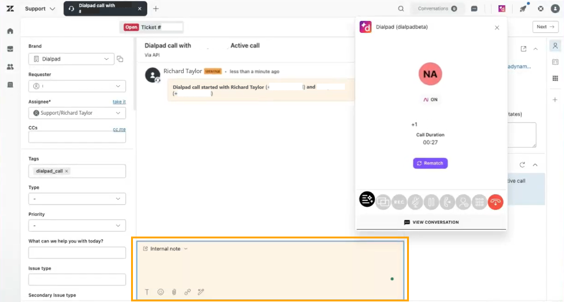 Active call interface showing details for a conversation.