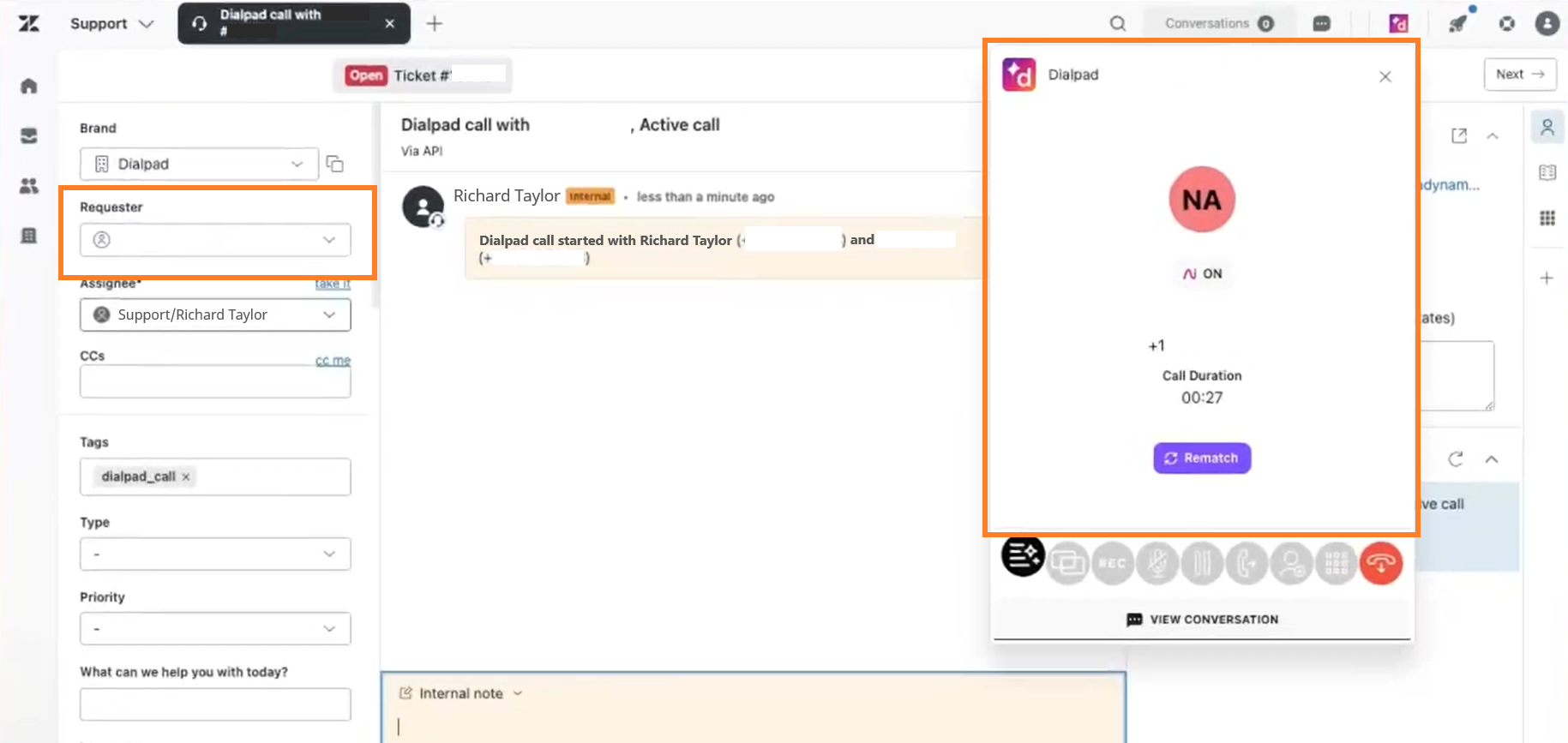 Active call interface showing details for a conversation.