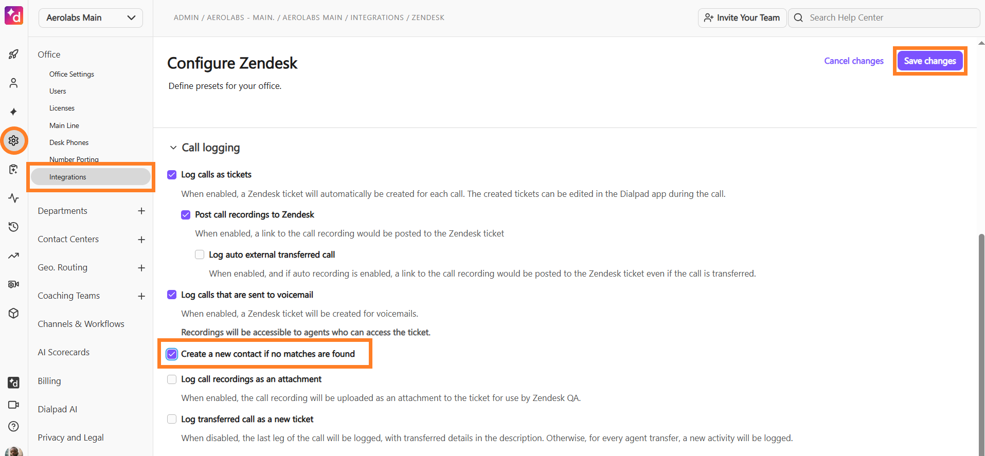Settings page for configuring Zendesk integrations and call logging options.