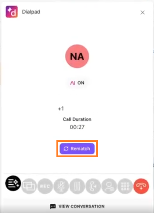 Dialpad interface showing call details and a rematch button for a contact.