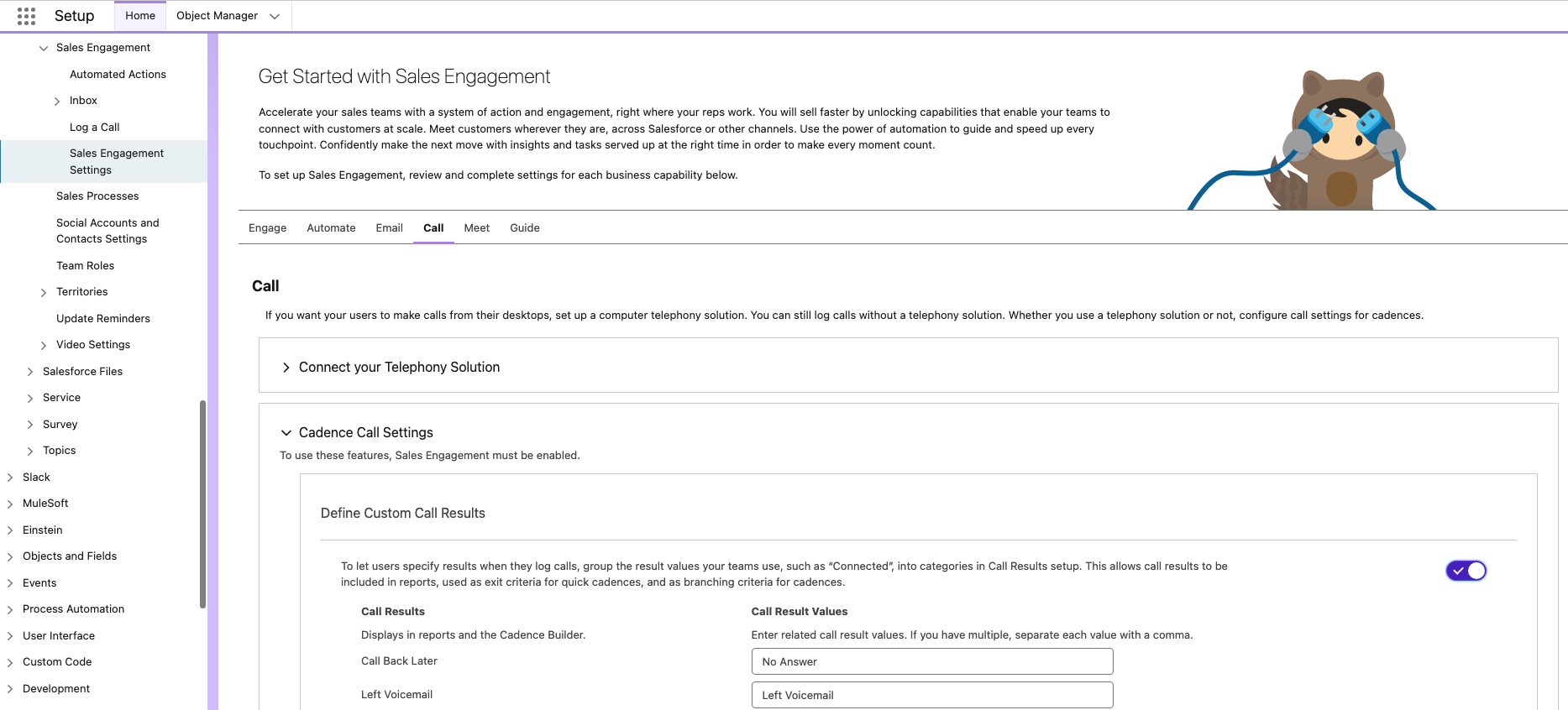 salesforce sales engagement settings page