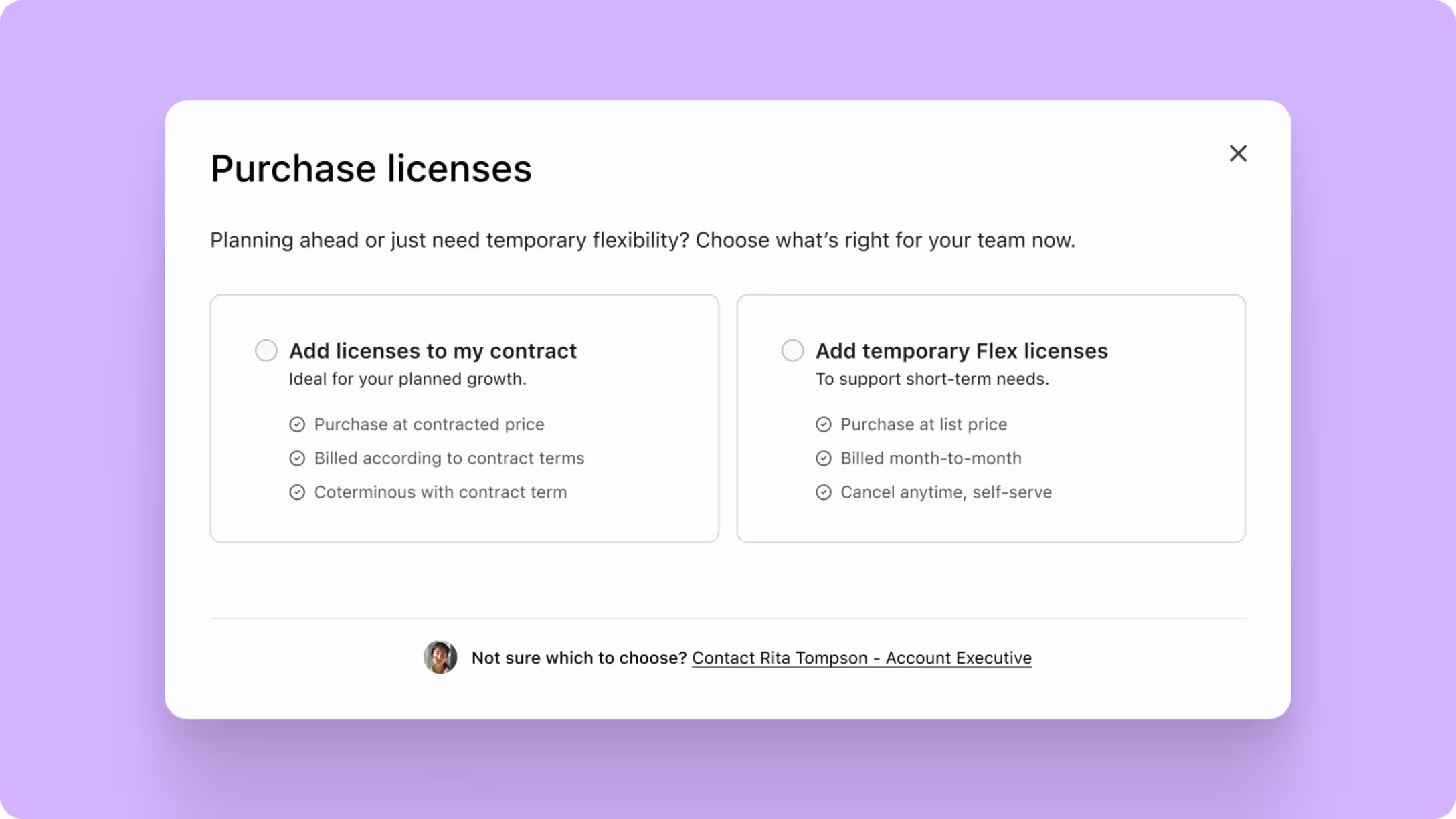 Dialpad "Purchase licenses" pop-up modal offering two selection options: "Add licenses to my contract" (contracted price, billed per terms, coterminous) and "Add temporary Flex licenses" (list price, month-to-month, self-serve cancellation), complete with a contact link for the assigned Account Executive at the bottom.