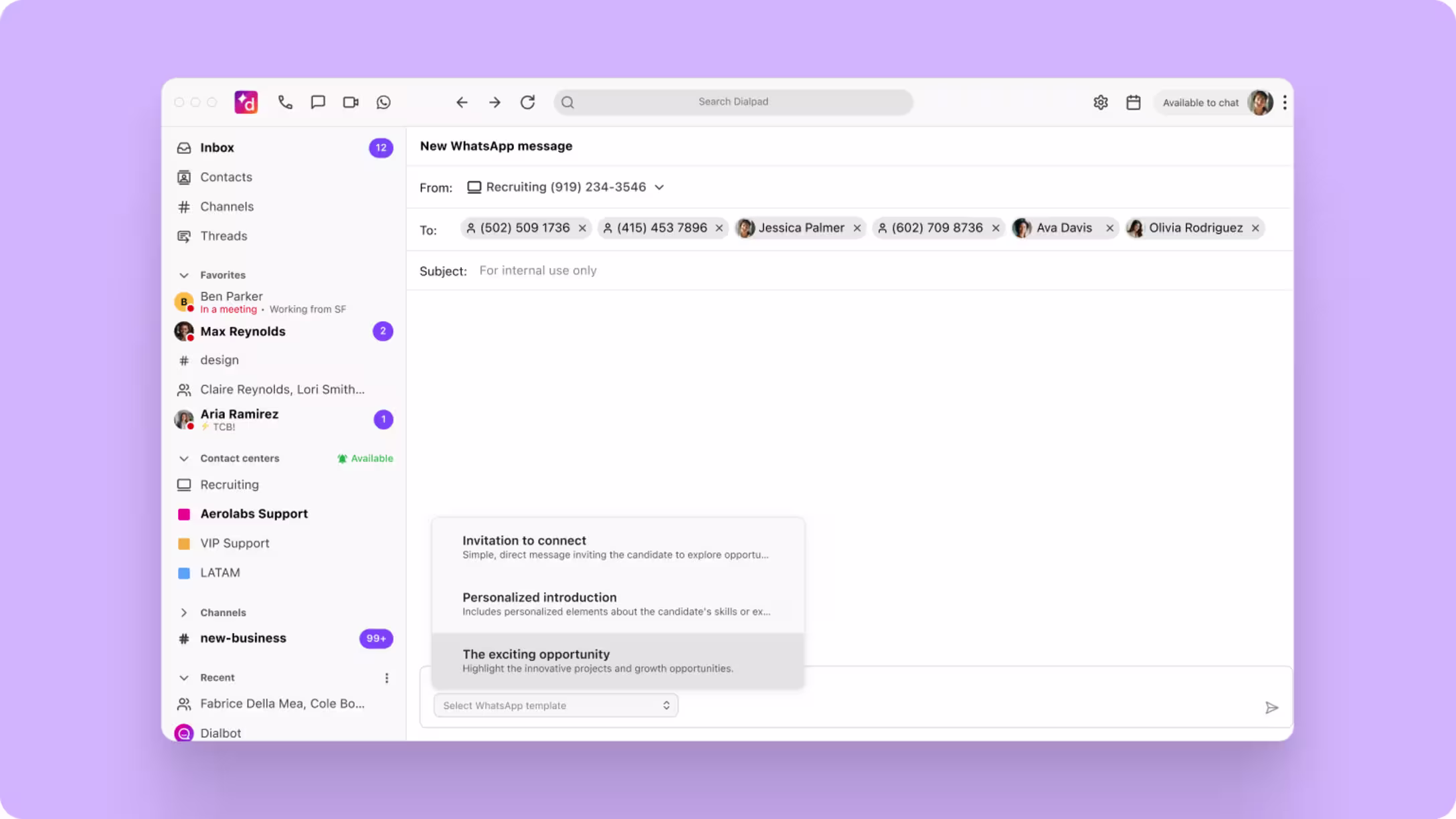 Dialpad "New WhatsApp message" view showing sender selection, multiple recipient tags, and a message template selector menu featuring pre-written options like "Invitation to connect" and "Personalized introduction."