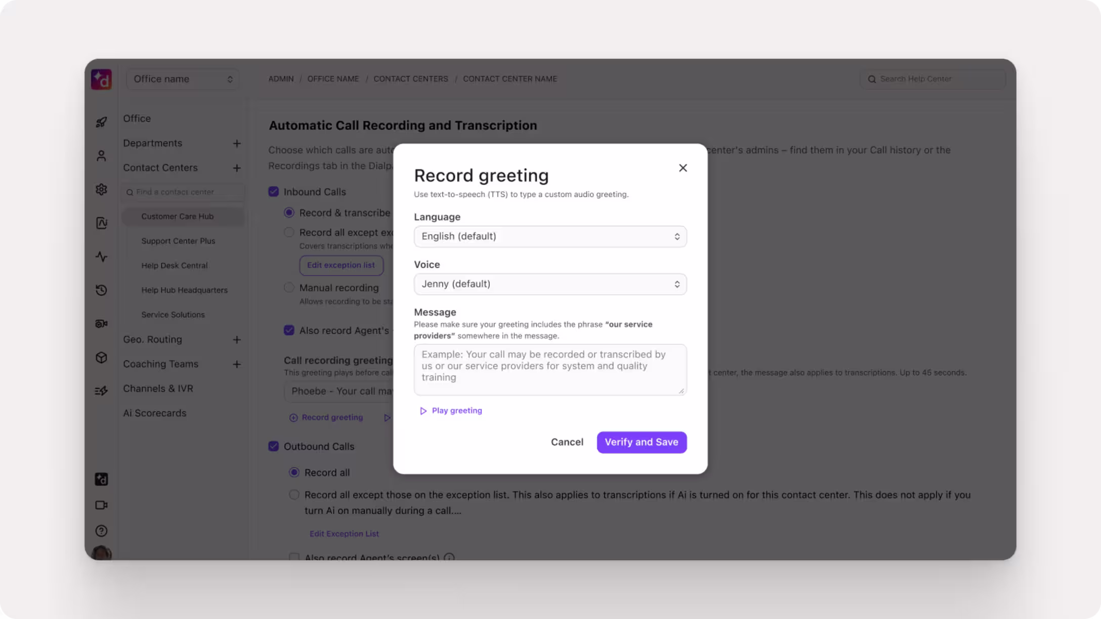 Dialpad "Record greeting" text-to-speech modal featuring dropdowns for Language and Voice selection alongside a custom Message text field.