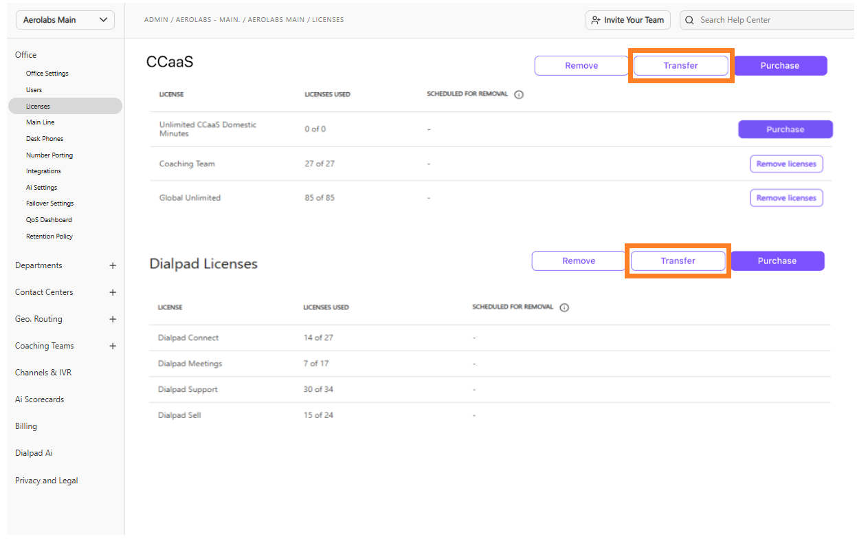 Dialpad Admin Licenses page with orange boxes highlighting "Transfer" buttons next to CCaaS and Dialpad Licenses tables.