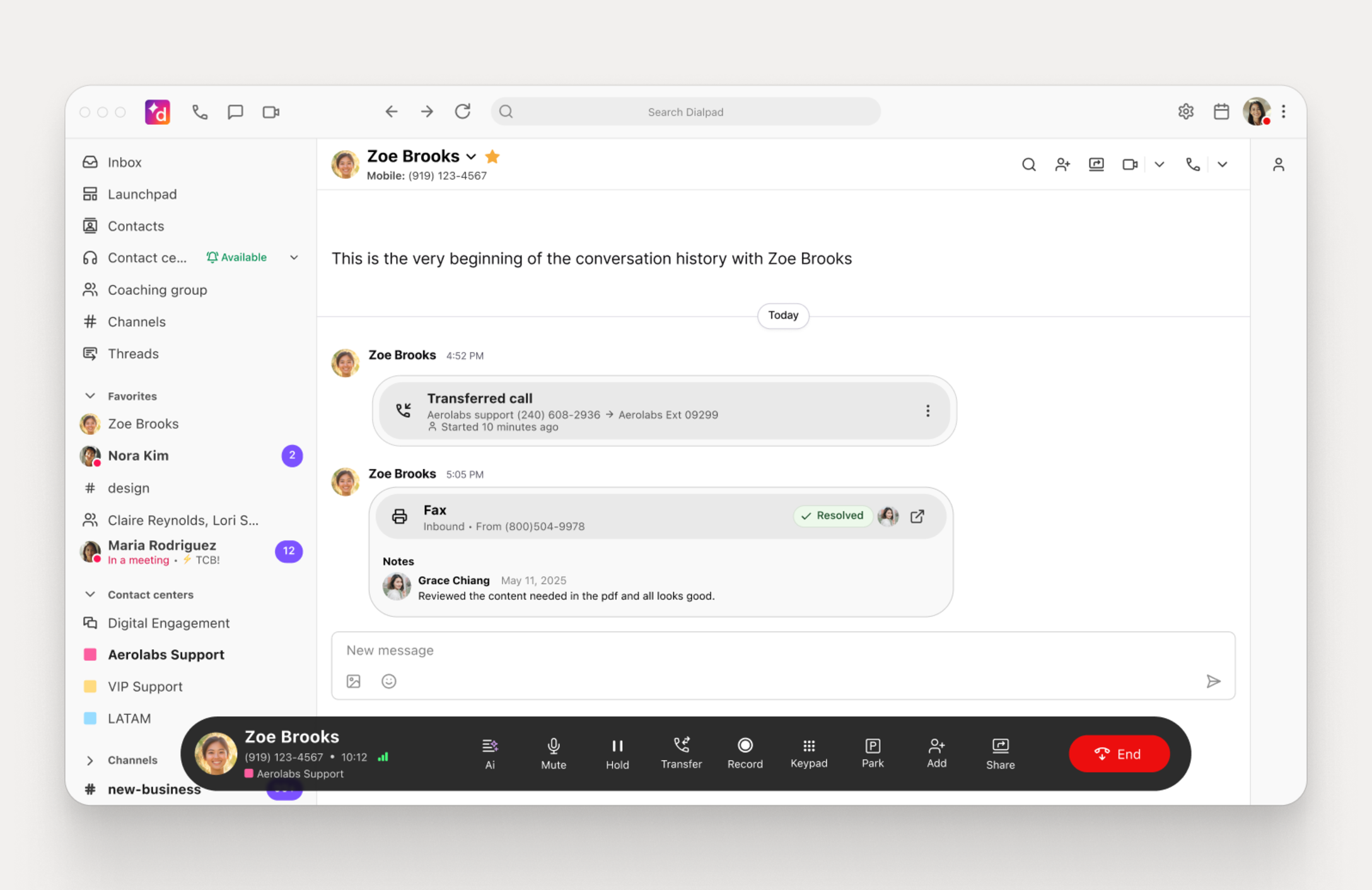 Redesigned Dialpad desktop application interface featuring refreshed brand styling, conversation thread history, and an active call control bar at the bottom.