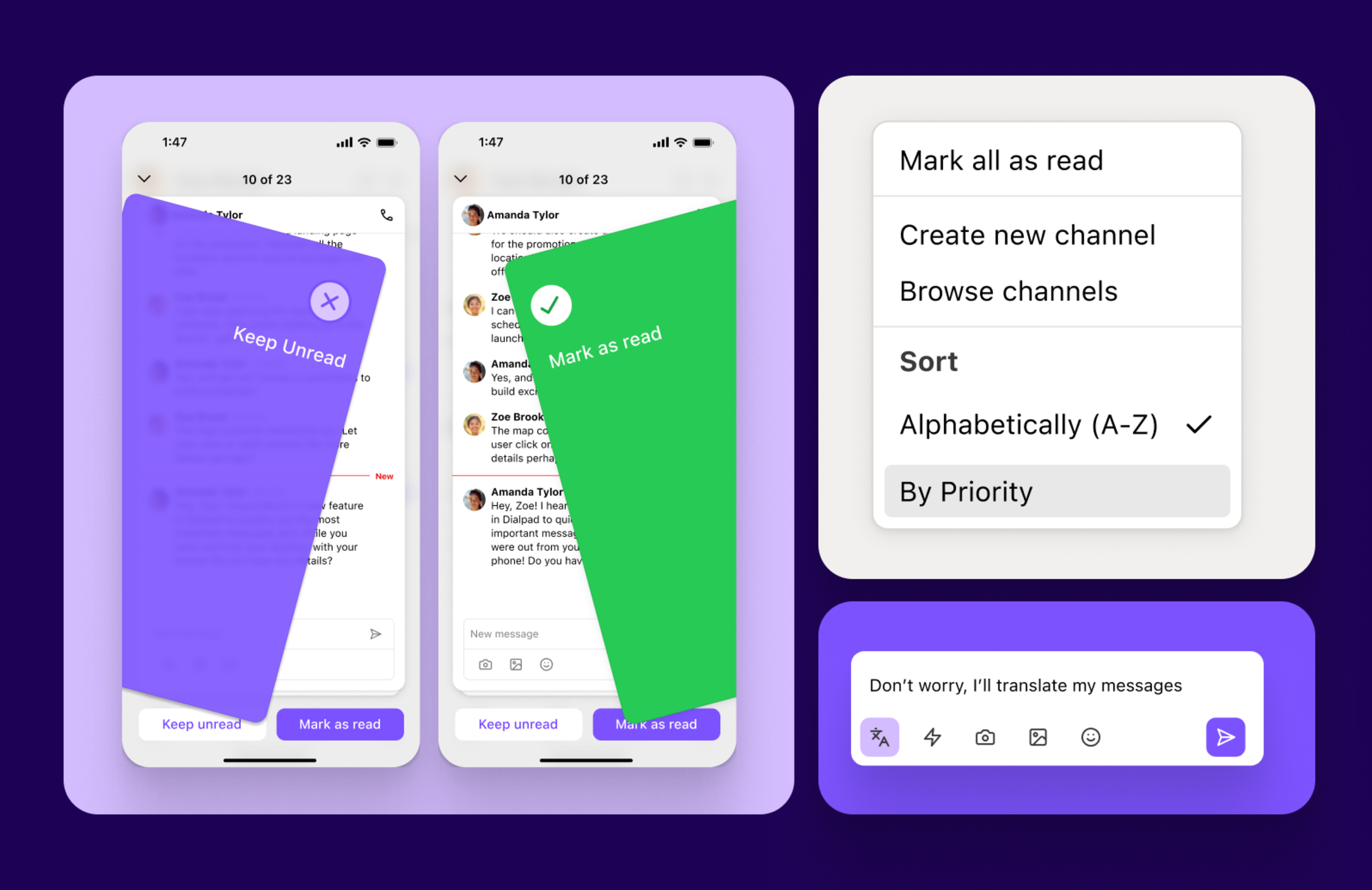 Composite image illustrating Dialpad chat enhancements: mobile app swipe actions for "Keep Unread" and "Mark as Read", channel sorting options menu, and real-time message translation field.