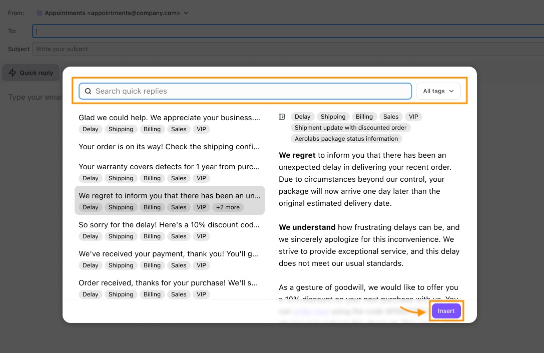 Dialpad Quick Reply modal featuring search and tag filters at the top, a list of template snippets on the left, and a full message preview pane on the right with an highlighted Insert button.