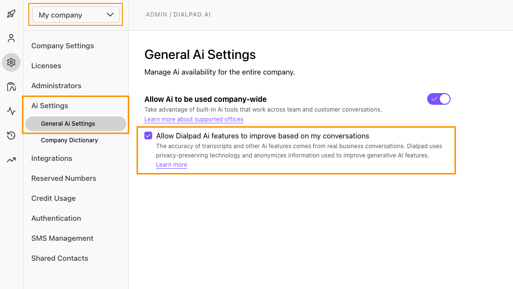 Dialpad General Ai Settings page featuring an orange highlighted checkbox setting for "Allow Dialpad Ai features to improve based on my conversations" under Company Settings.