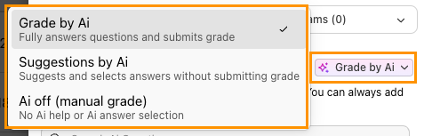 Dialpad Ai Scorecards dropdown menu highlighted in orange, showing options for "Grade by Ai", "Suggestions by Ai", and "Ai off (manual grade)".