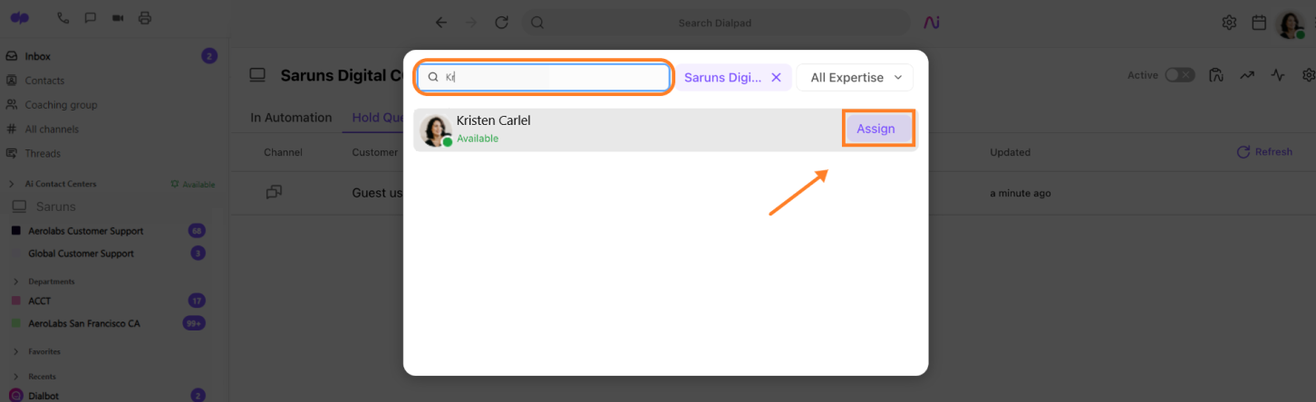 Dialpad interaction assignment modal with orange highlights indicating the agent search bar and the "Assign" action button next to an available team member.