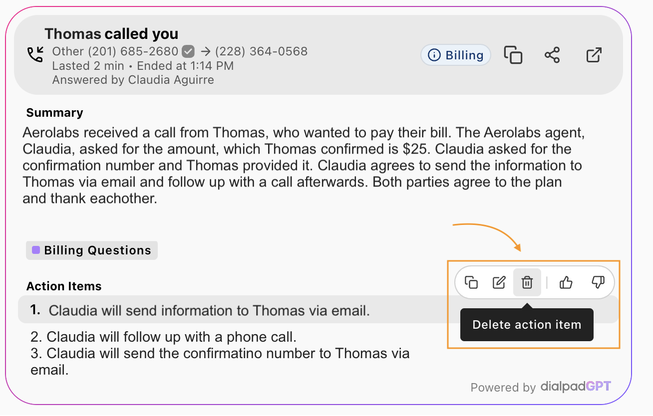 Dialpad Ai Recap section displaying an orange arrow pointing to a hovered trash icon tooltip labeled "Delete action item" next to an Action Item list entry.