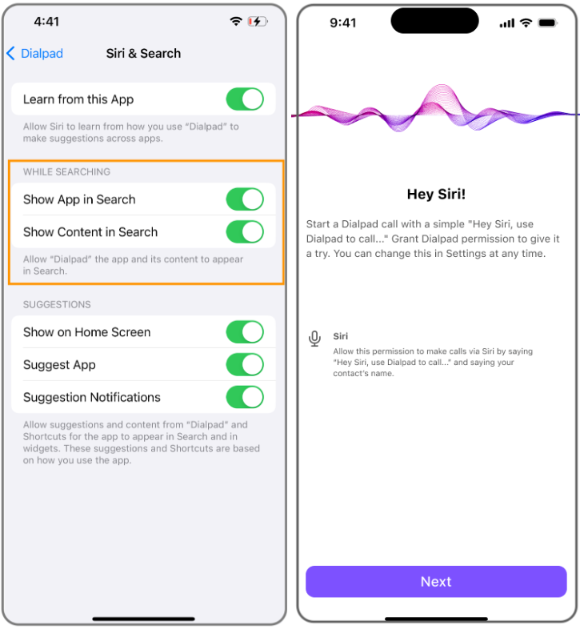 Dual-screen iOS device view displaying Dialpad Siri & Search permissions settings on the left alongside a Siri setup prompt screen on the right.
