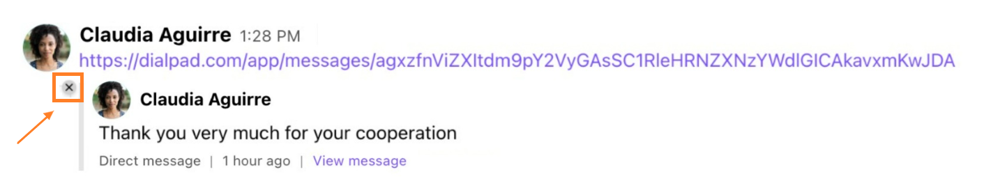 Dialpad shared message preview in a chat thread featuring an orange arrow pointing to a close ("x") icon on the embedded conversation card preview.