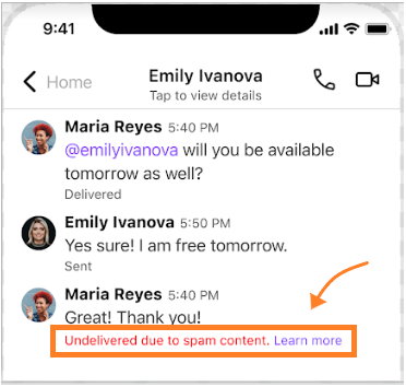 Dialpad mobile chat screen displaying an orange arrow pointing to a red SMS delivery error indicator labeled "Undelivered due to spam content." alongside a "Learn more" link.