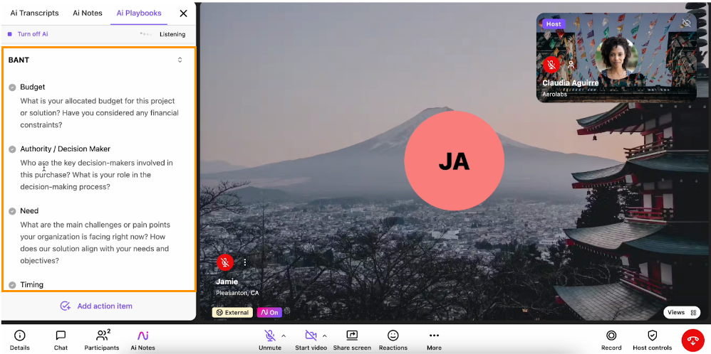 Dialpad Ai Meetings video call window featuring an open Ai Playbooks side panel highlighted in orange, displaying a BANT qualification framework checklist with Budget, Authority / Decision Maker, Need, and Timing prompts.