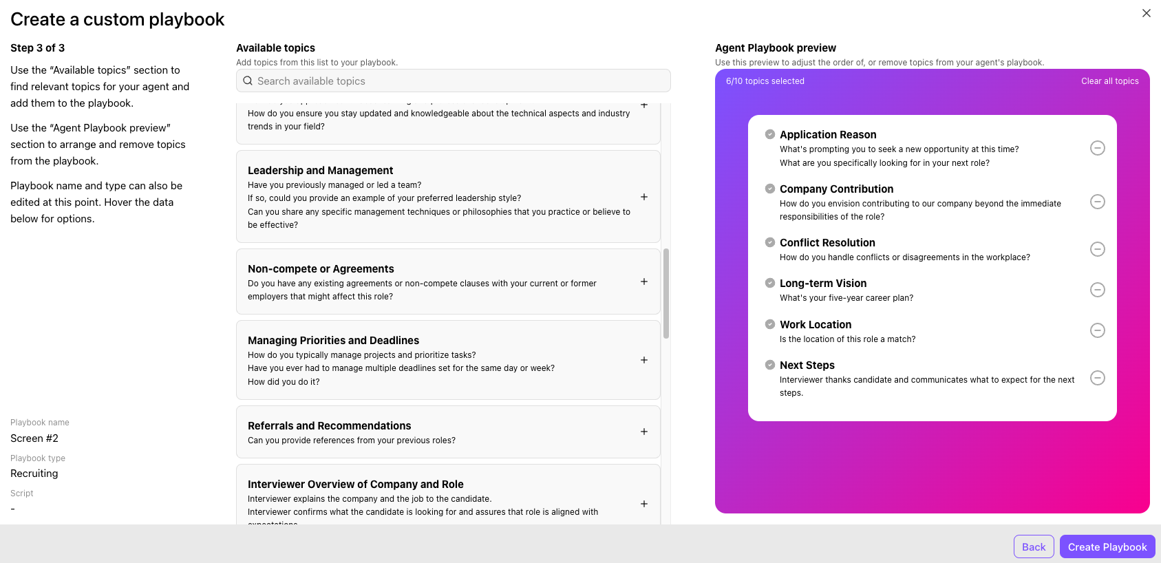 Dialpad "Create a custom playbook" configuration interface featuring available topics on the left and a live purple "Agent Playbook preview" panel on the right.
