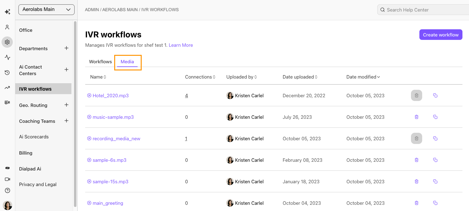 Dialpad IVR Workflows management dashboard highlighting the "Media" tab within an orange box, displaying an itemized list of uploaded audio files alongside metadata columns for connections, uploader, upload date, modified date, and management actions.