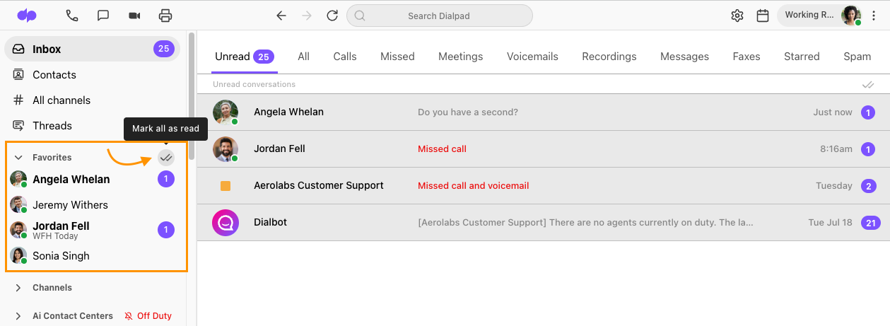 Dialpad navigation sidebar highlighting the "Favorites" section in an orange box, with an orange arrow pointing to the hoverable double-checkmark icon with a tooltip reading "Mark all as read".