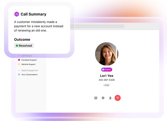 Dialpad Ai Recap UI overlay graphic displaying a "Call Summary" card with a brief issue description alongside a green "Resolved" outcome tag, floating over an active contact window for Lori Yee.