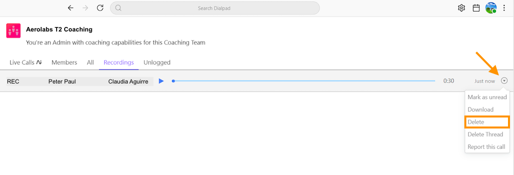 Dialpad Coaching Team "Recordings" tab view displaying an orange arrow pointing to a call options dropdown menu, with an orange box highlighting the "Delete" option.