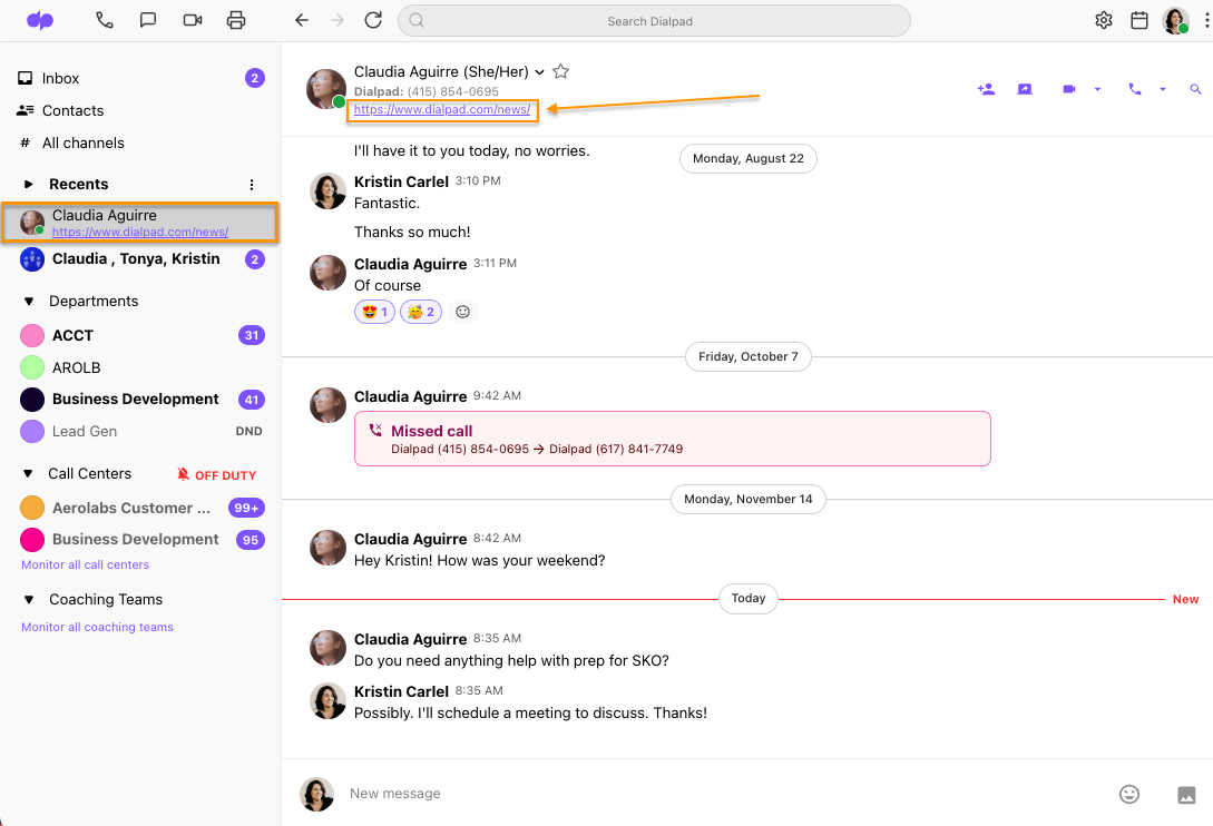 Dialpad user profile view displaying an orange box highlighting a hyperlinked Custom Status under Claudia Aguirre's name in the sidebar, with an orange arrow pointing to the same clickable URL link at the top of the conversation view.