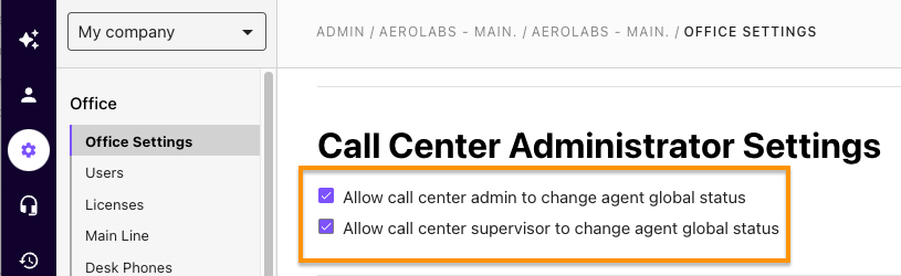 Dialpad "Office Settings" admin page highlighting "Call Center Administrator Settings" in an orange box, showing checked options for allowing call center admins and supervisors to change agent global status.