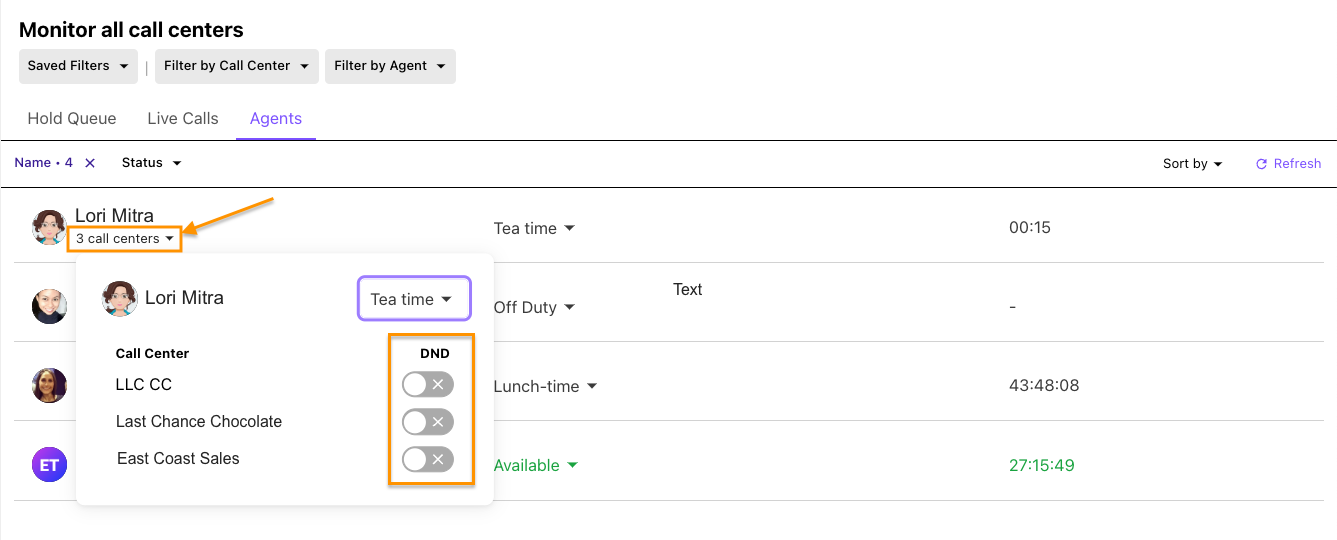 Dialpad "Monitor all call centers" interface displaying an orange arrow pointing to a dropdown showing an agent assigned to multiple call centers, with an expanded popover panel highlighting the DND toggle controls for each assigned Call Center within an orange box.