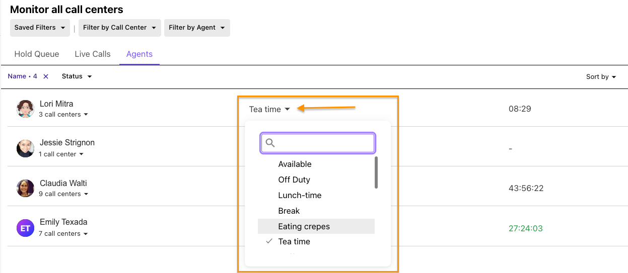 Dialpad "Monitor all call centers" Agent tab highlighting global status options in an orange box, with an orange arrow pointing to an expanded status selector dropdown showing Available, Off Duty, and custom statuses like Lunch-time, Break, Eating crepes, and Tea time.