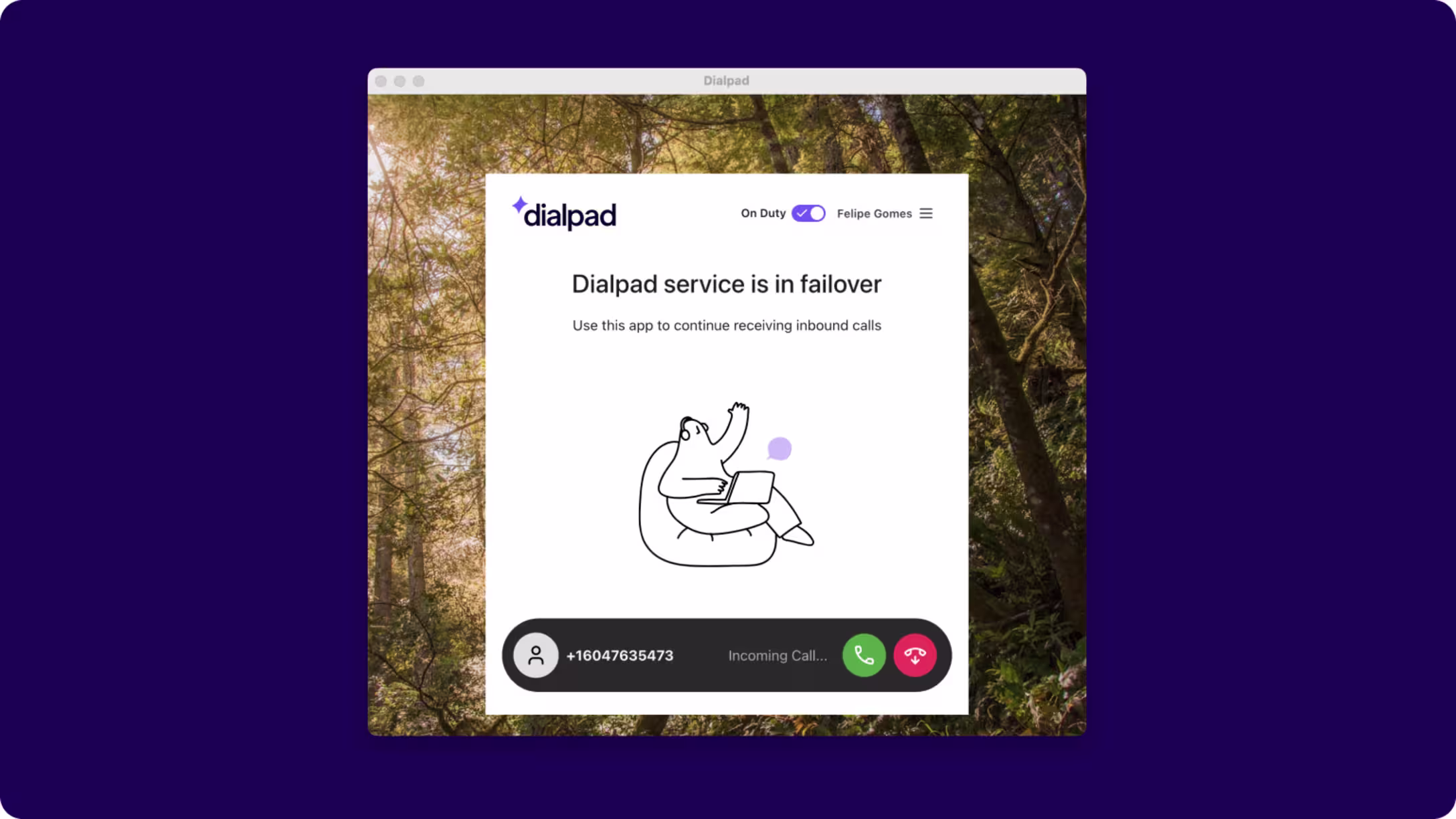 Dialpad app interface displaying a "Dialpad service is in failover" status message with an incoming call pop-up banner.